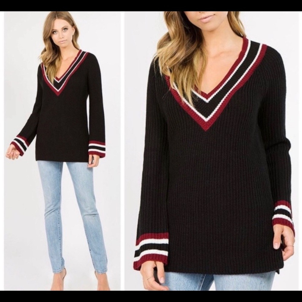 BLACK SWEATER W BURG/WHITE STRIPES @ NECK & WRIST